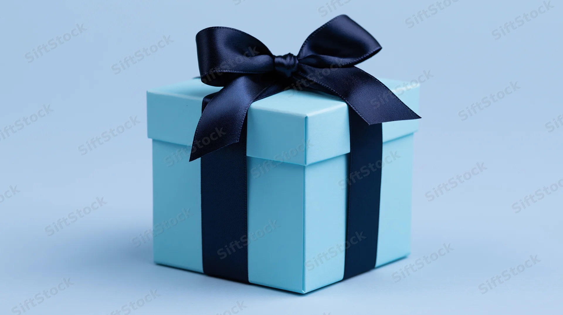 Light blue gift box with dark blue satin ribbon bow on plain background