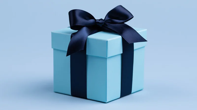 Light blue gift box with dark blue satin ribbon bow on plain background
