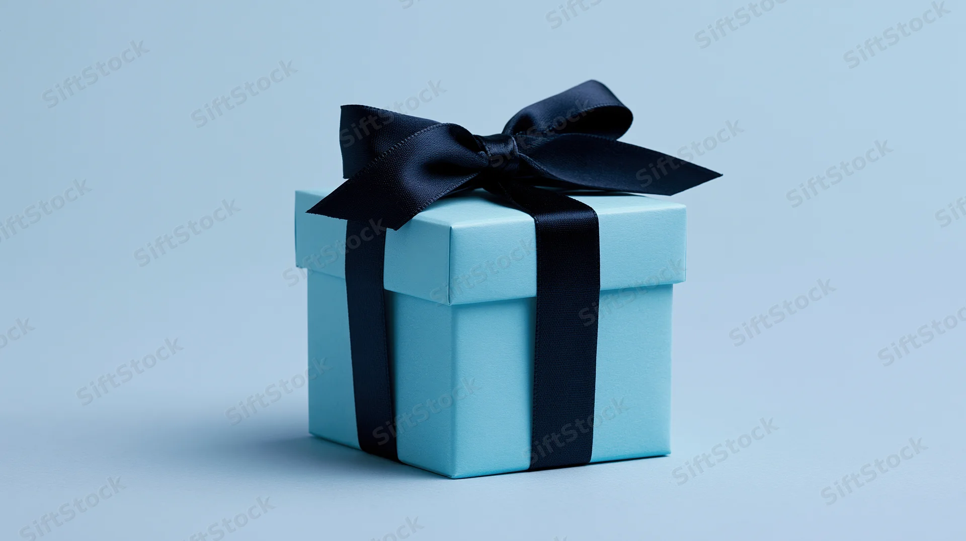 Light blue gift box with black ribbon bow on plain background