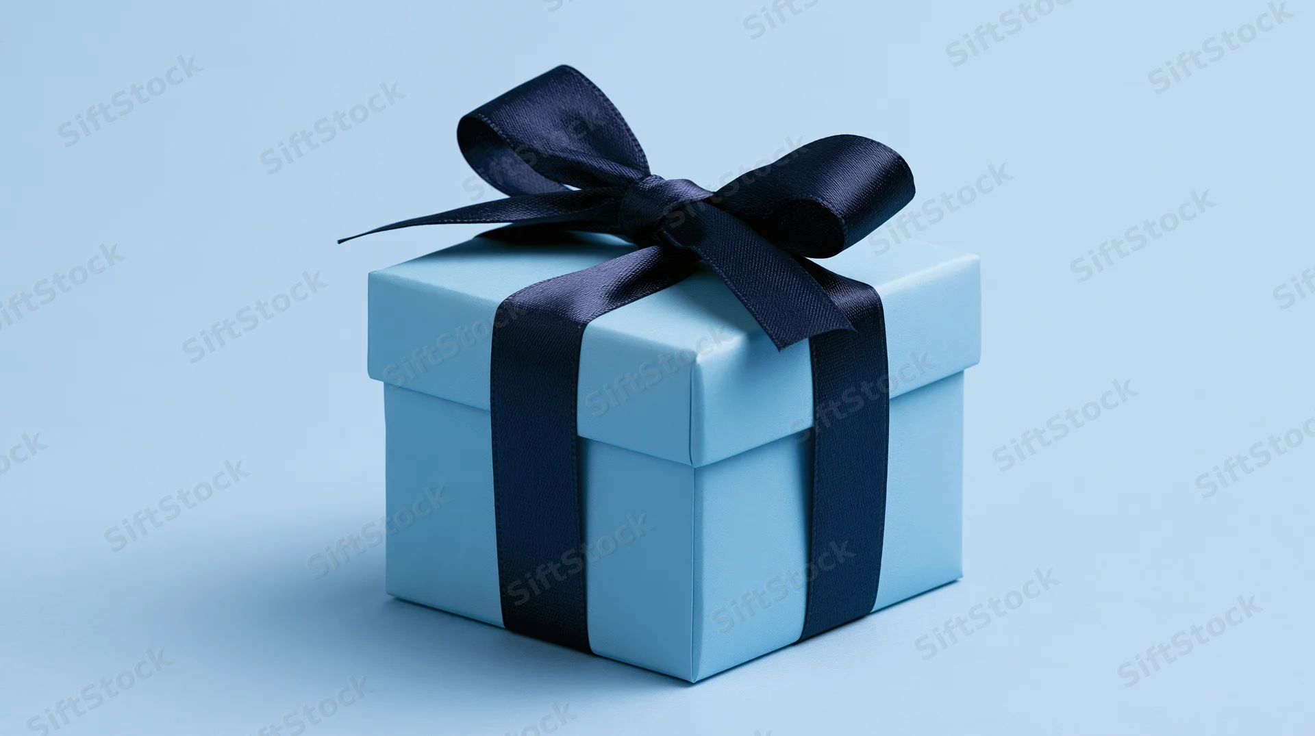 Light blue gift box with navy ribbon bow on plain blue background
