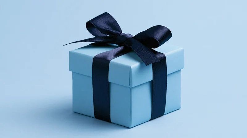 Light blue gift box with navy ribbon bow on plain blue background