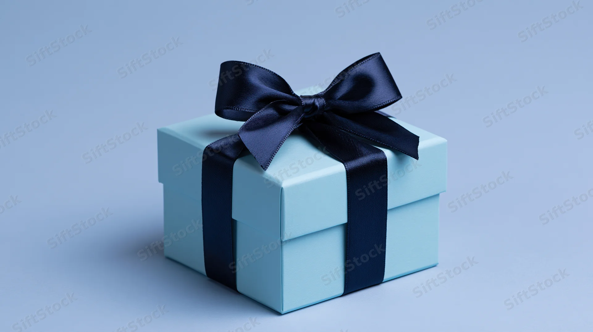 Light blue gift box with navy satin ribbon bow on plain background