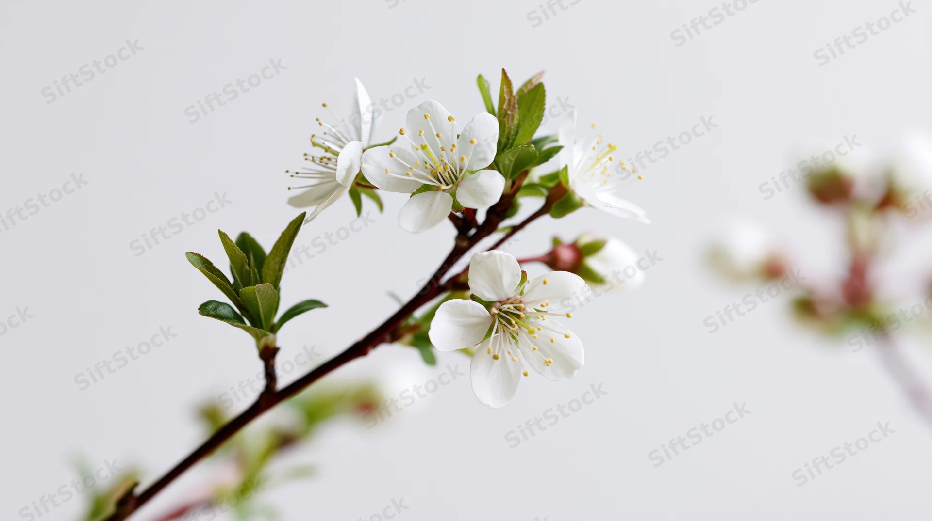 Closeup of white blossoms on a slender branch with green leaves against a light background