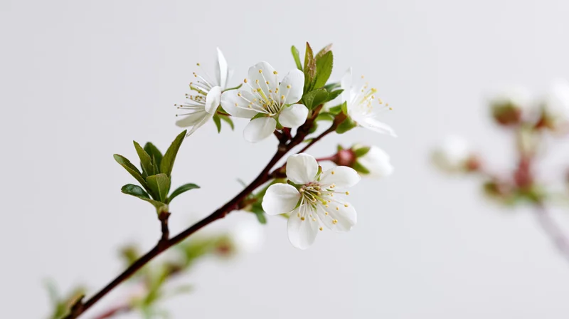 Closeup of white blossoms on a slender branch with green leaves against a light background