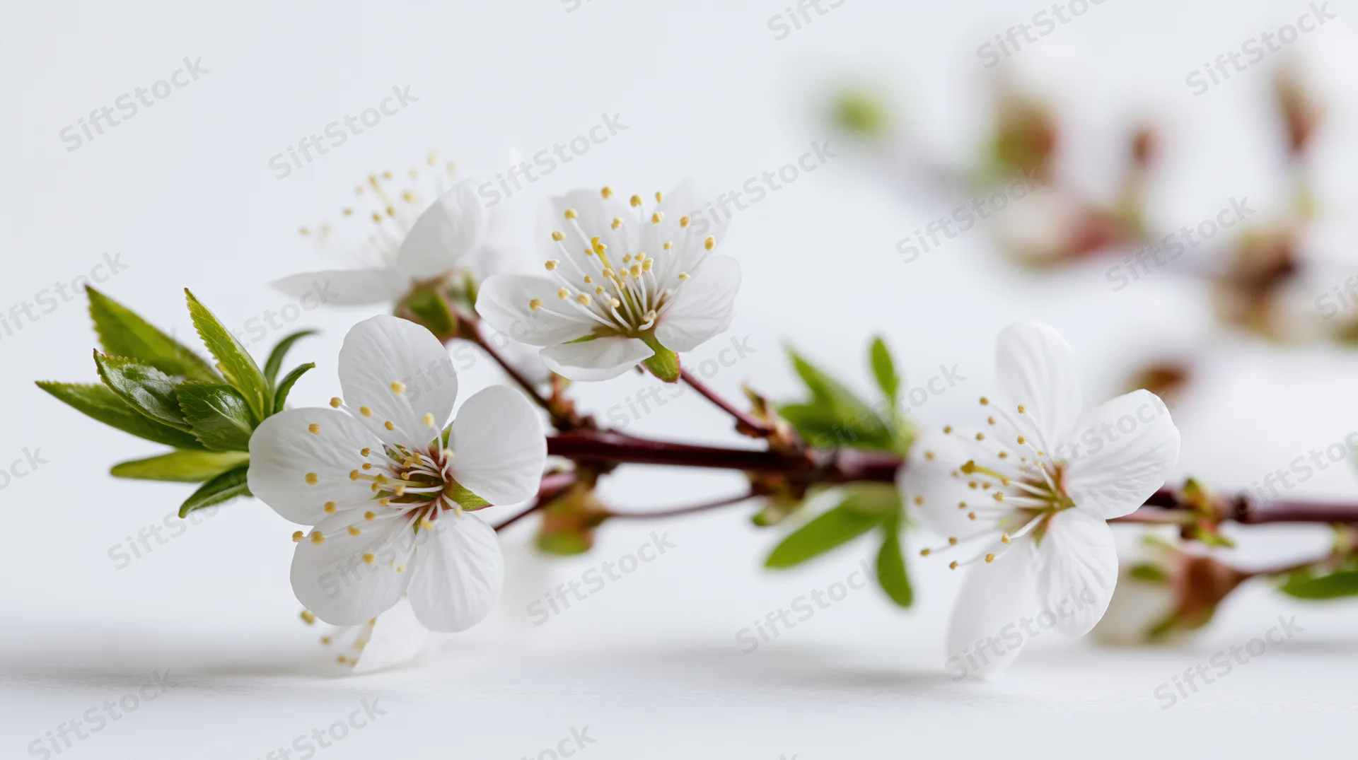 Cherry blossom branch with white flowers and green leaves on white background