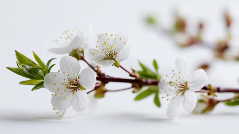 Cherry blossom branch with white flowers and green leaves on white background