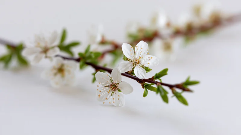 Flowering branch with white blossoms and green leaves on a white surface