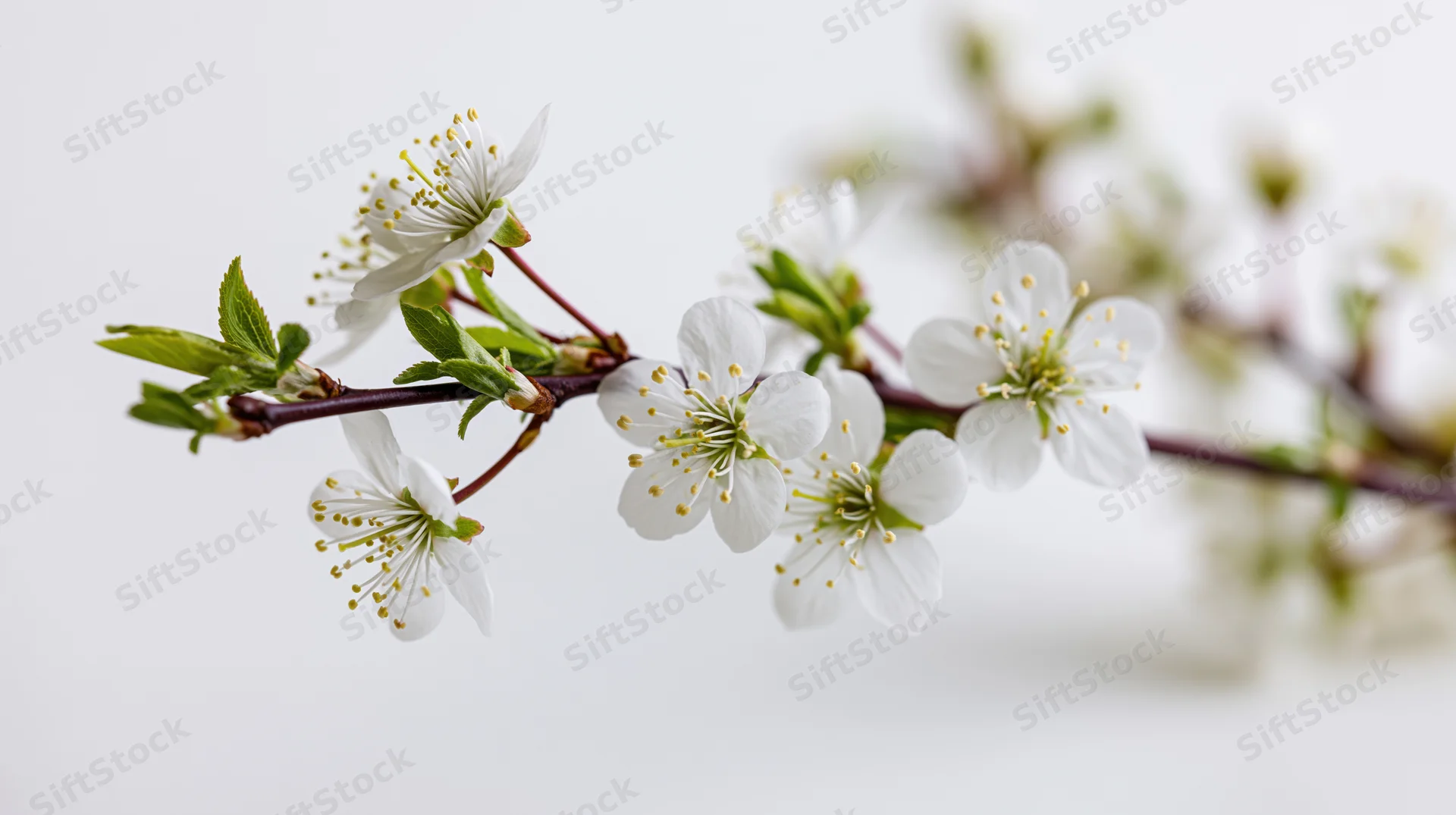 Cherry blossom branch with white flowers and green leaves against a white background