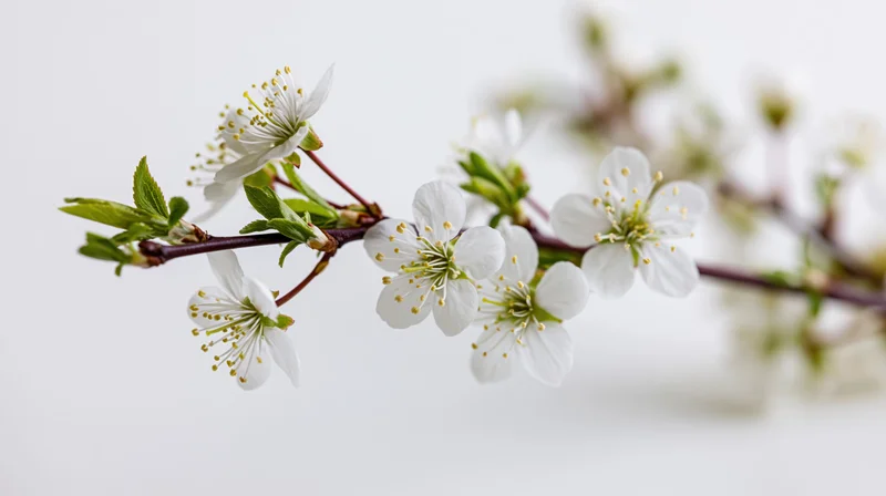 Cherry blossom branch with white flowers and green leaves against a white background