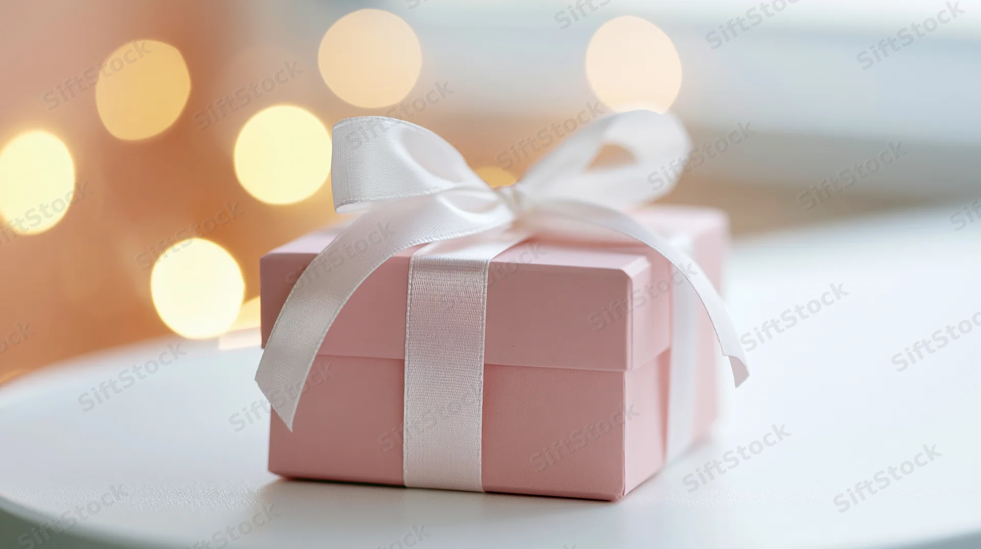 Small pink gift box wrapped with white satin ribbon on white surface with warm bokeh lights in background