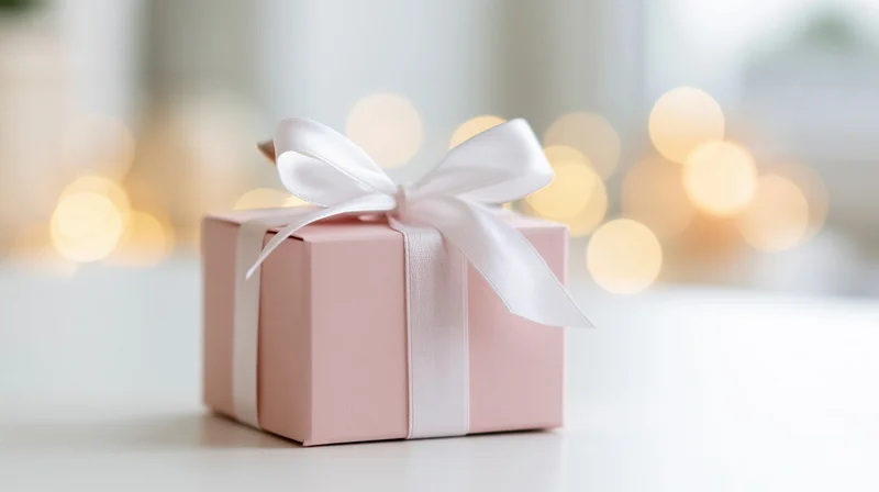 Small pink gift box tied with white satin ribbon on white surface with blurred warm lights in background