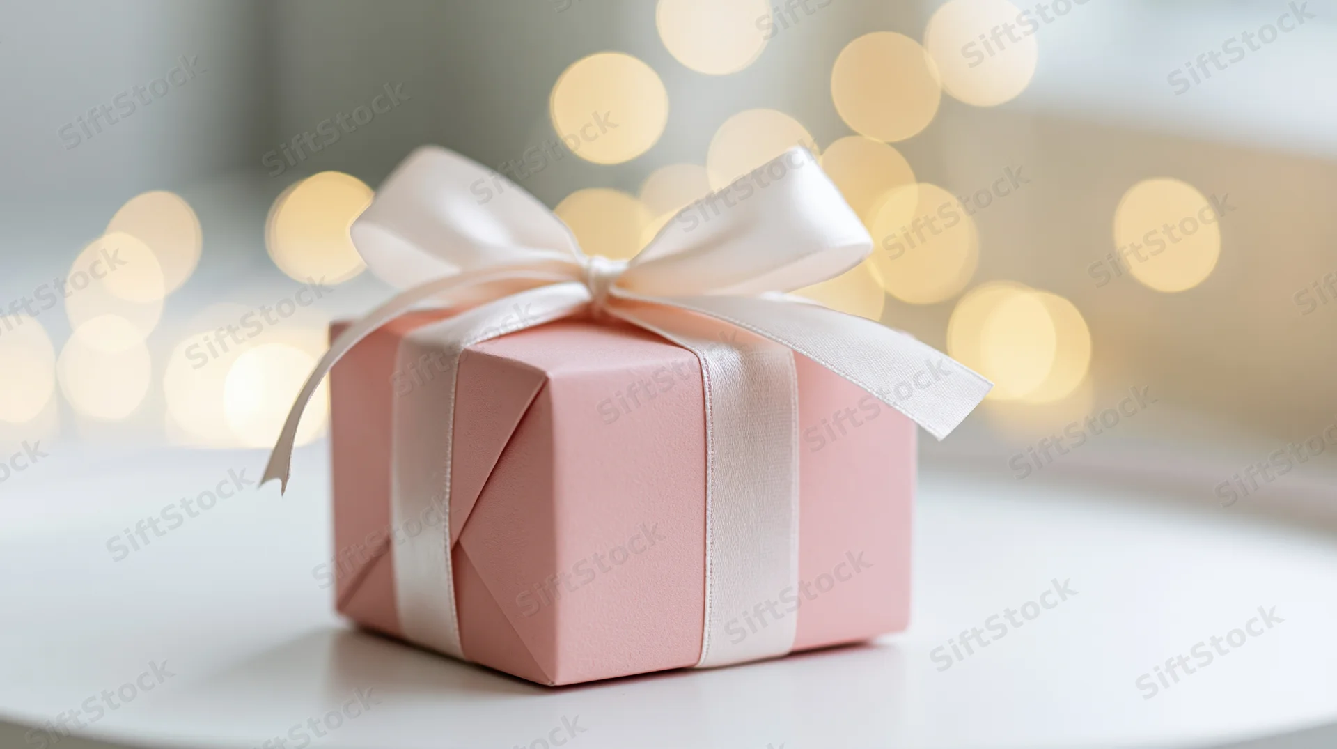 Small pink gift box wrapped with white satin ribbon on white surface with blurred warm lights in background