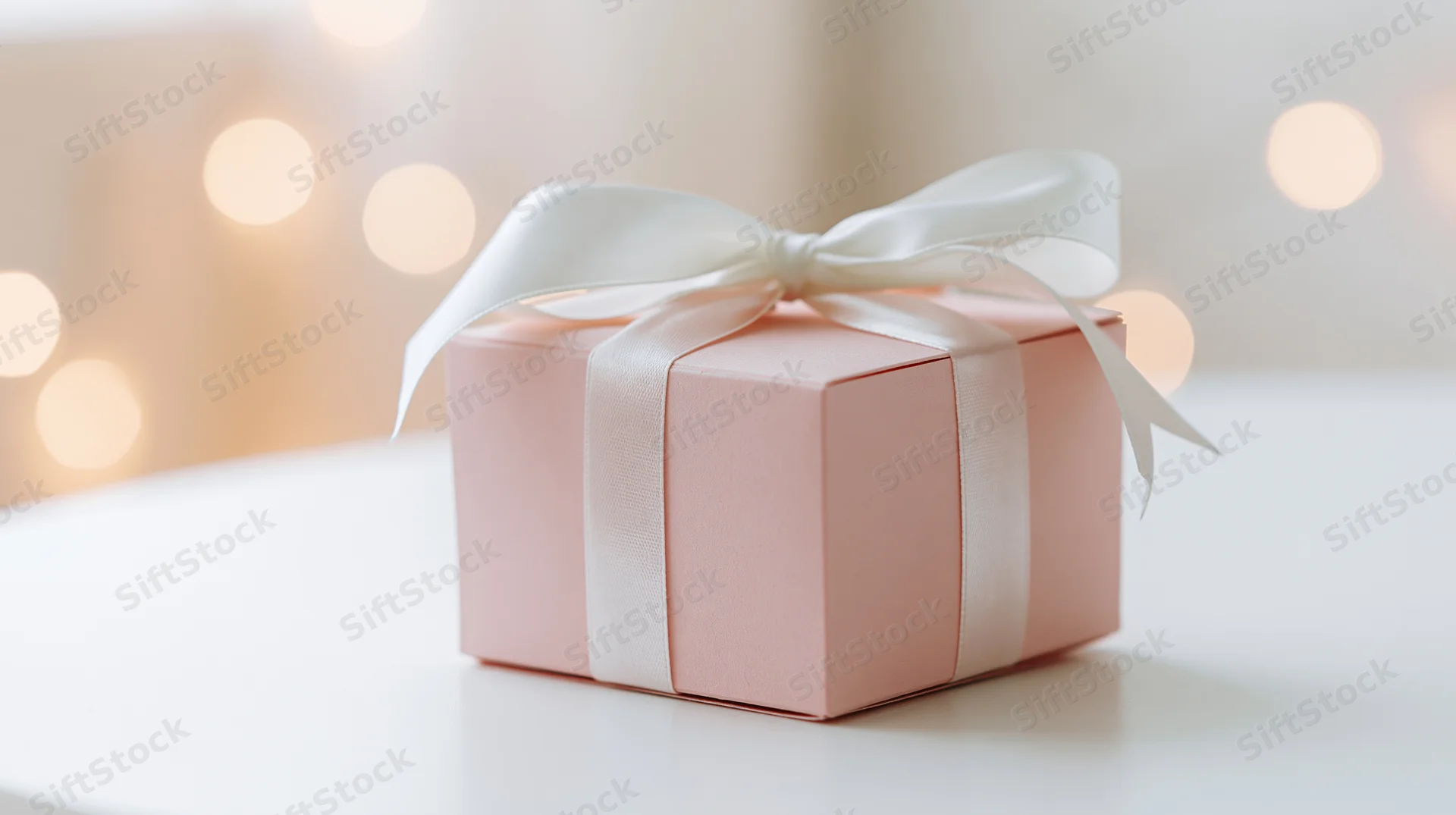Small blush pink gift box tied with white satin ribbon on white surface with blurred lights in background