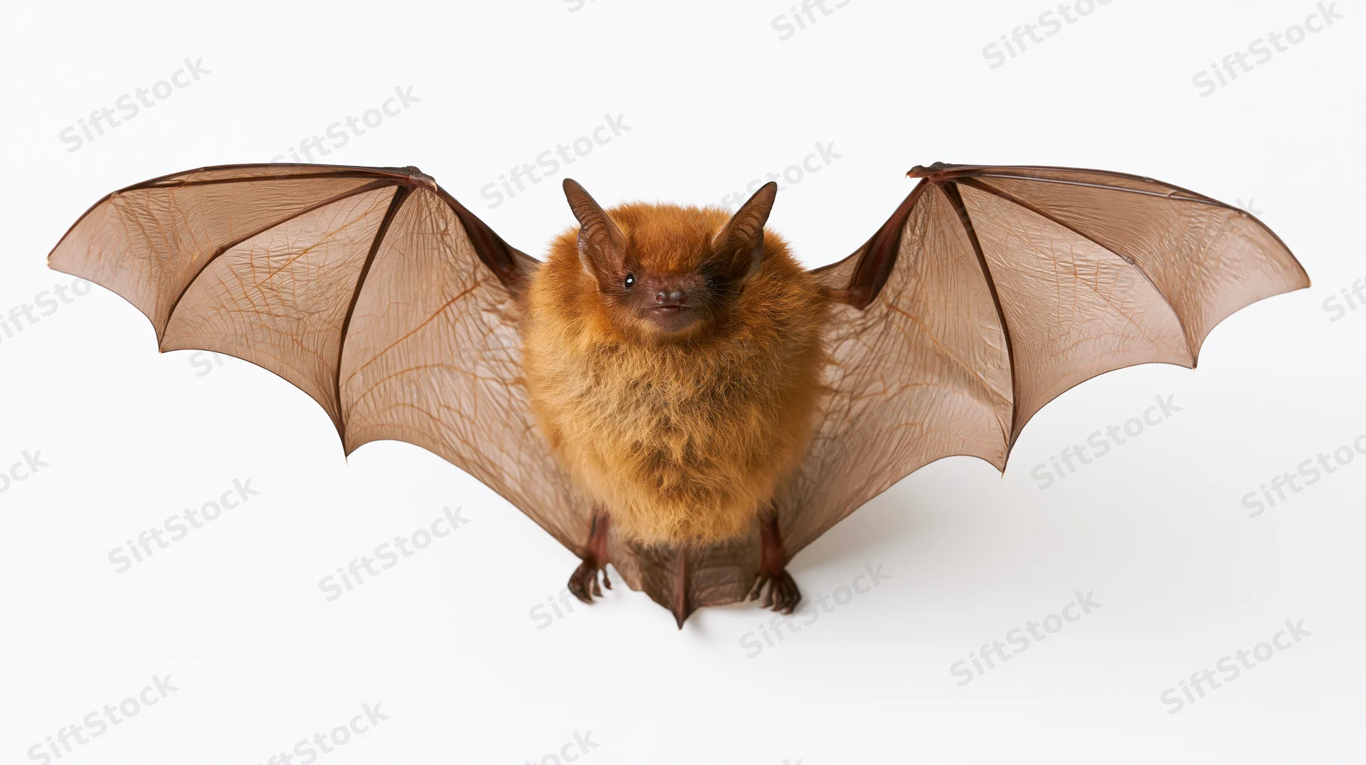 Small brown bat with wings fully spread facing forward on white background