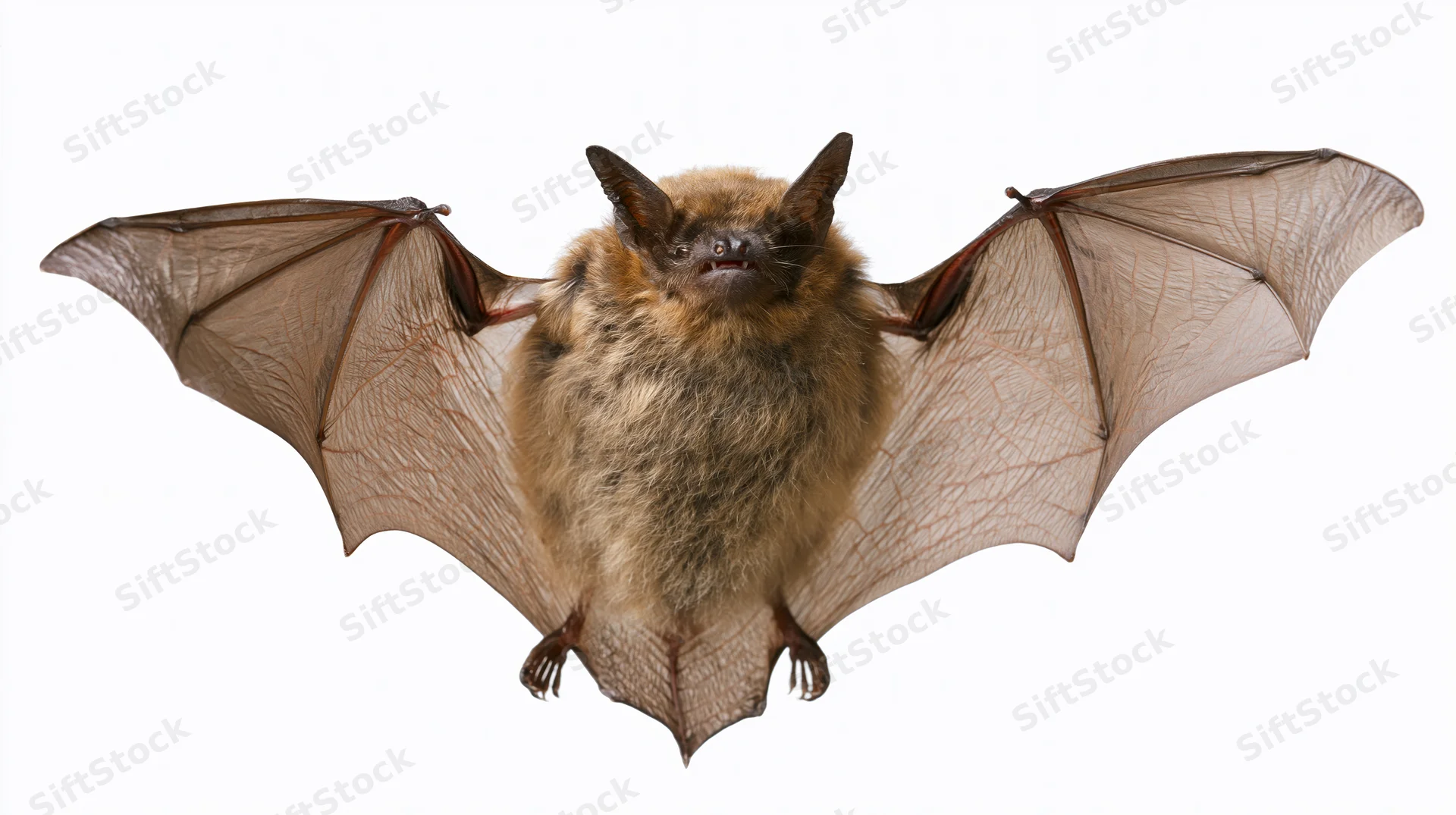 Small brown bat with wings fully spread mid-flight facing camera isolated on white background