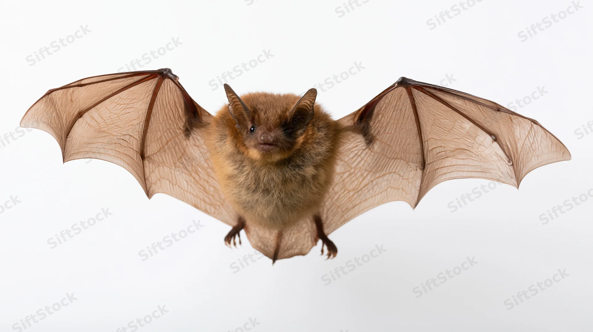 Small brown bat flying with wings fully spread against white background