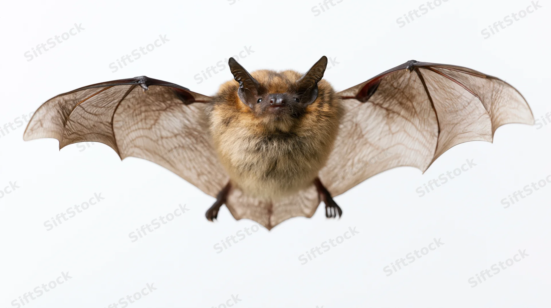 Small brown bat flying with wings fully spread against white background