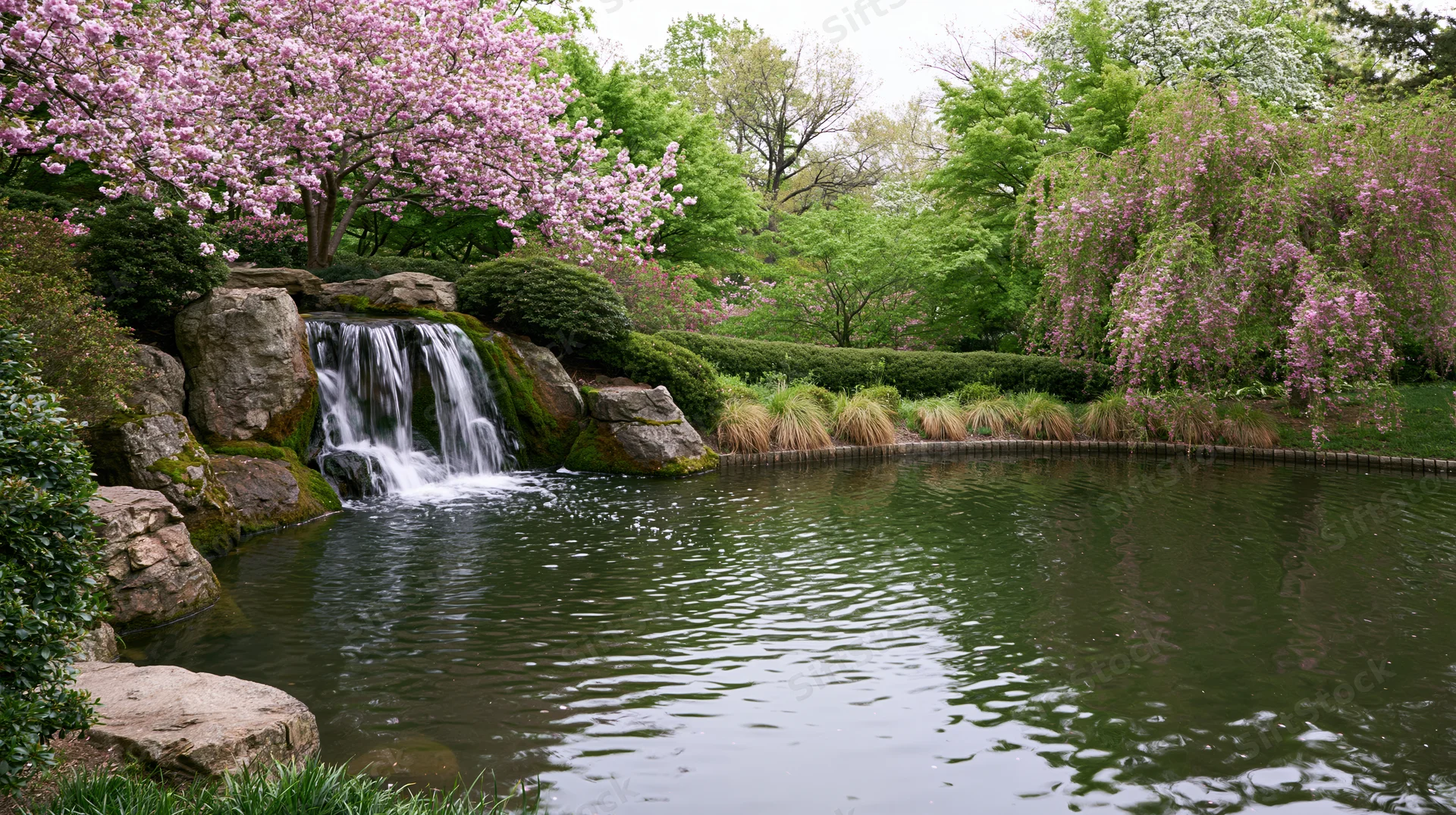 Small cascading waterfall flowing into calm pond surrounded by blooming cherry trees and greenery in a garden