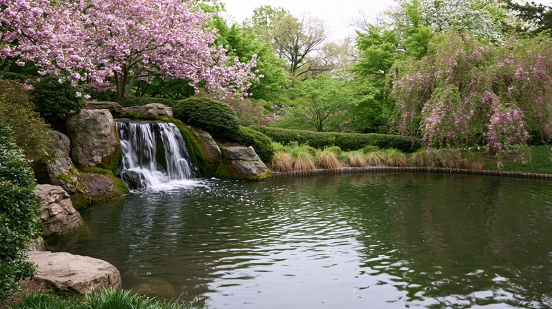 Small cascading waterfall flowing into calm pond surrounded by blooming cherry trees and greenery in a garden