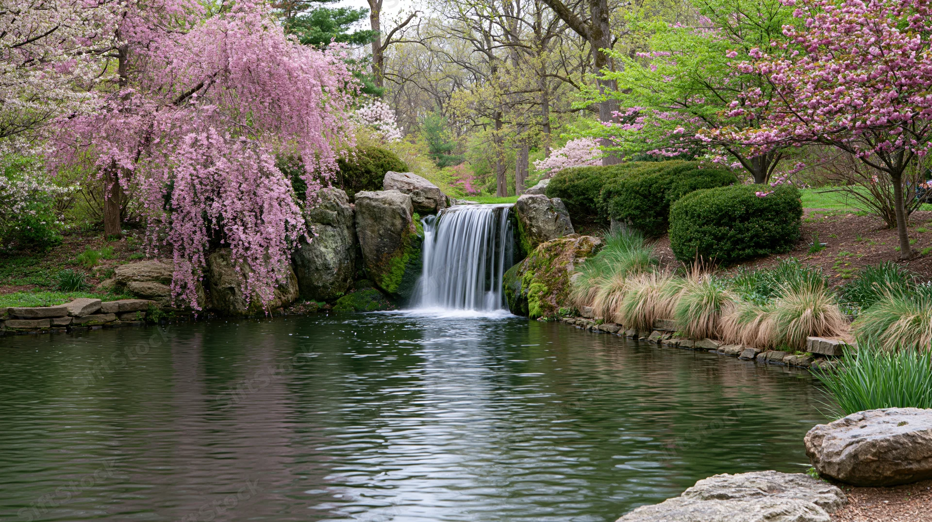 Small cascading waterfall flowing into calm pond surrounded by blooming cherry trees and greenery in a landscaped garden