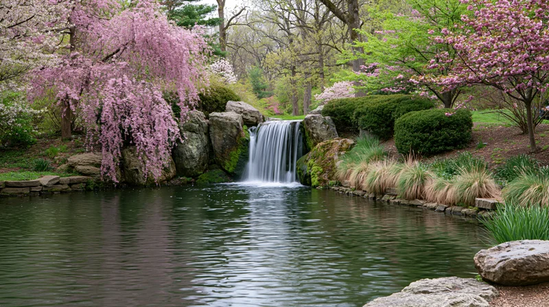 Small cascading waterfall flowing into calm pond surrounded by blooming cherry trees and greenery in a landscaped garden