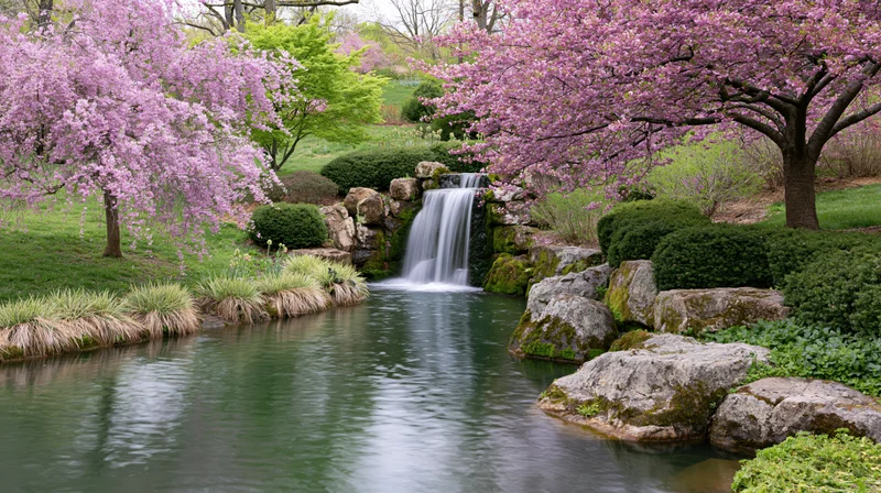 Small cascading waterfall flowing into calm pond surrounded by blooming cherry trees in a landscaped garden