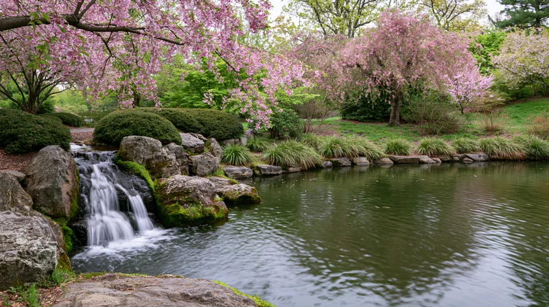 Small cascading waterfall flowing into calm pond surrounded by blooming cherry trees in a landscaped garden