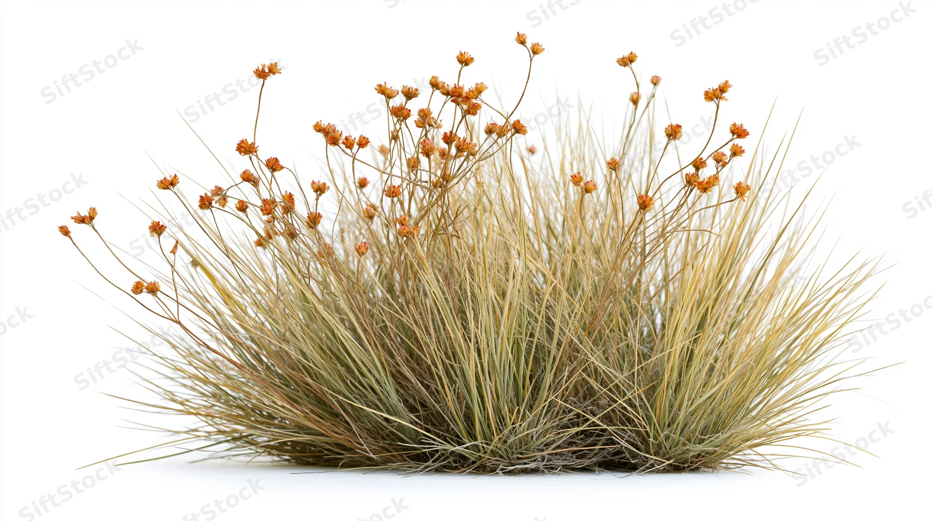 A clump of dry wild grass with orange flowers on a white background