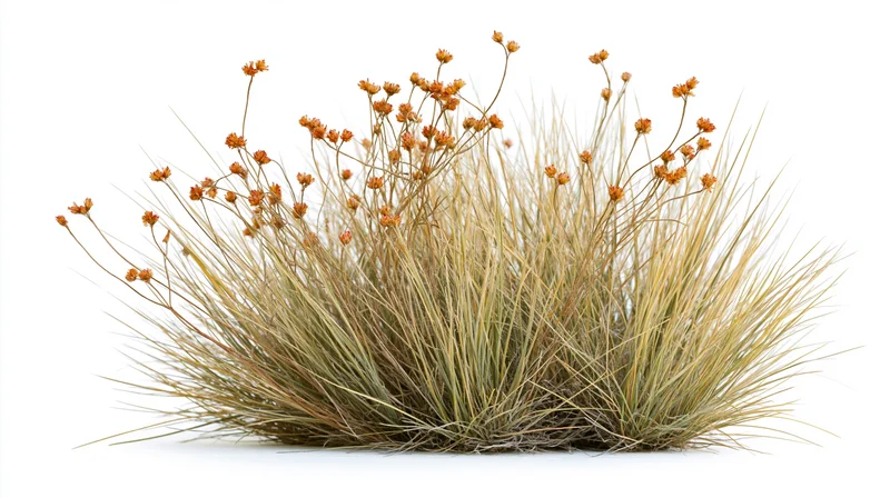 A clump of dry wild grass with orange flowers on a white background
