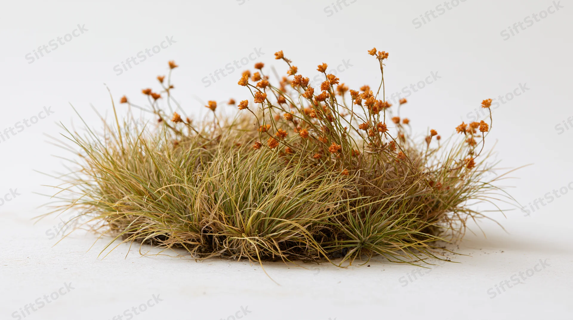 A clump of dry wild grass with orange flowers on a white background