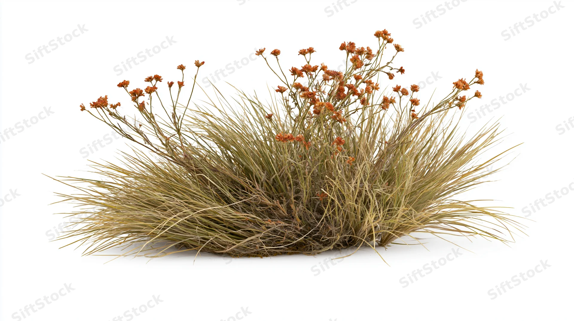 Clump of dry wild grass with orange flowers isolated on white background