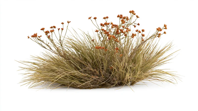Clump of dry wild grass with orange flowers isolated on white background