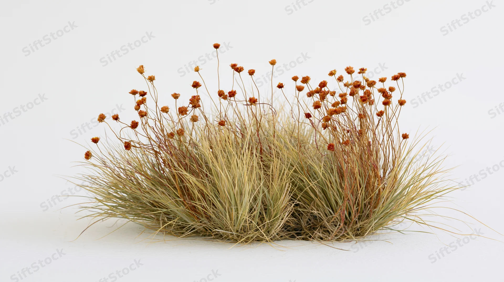 Dried wild grass clump with orange seedheads arranged on white background