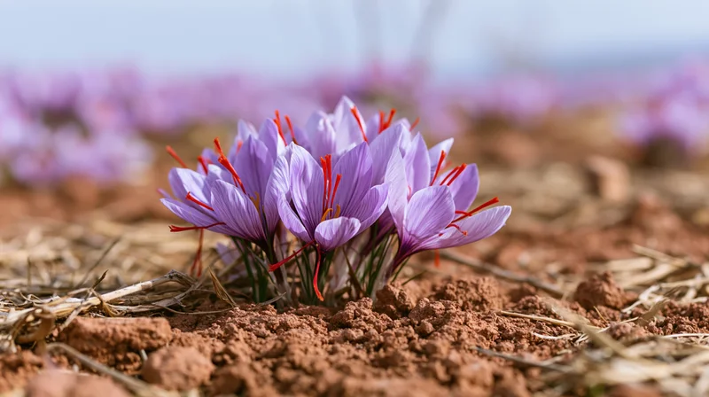 Cluster of saffron crocus flowers blooming in dry soil field