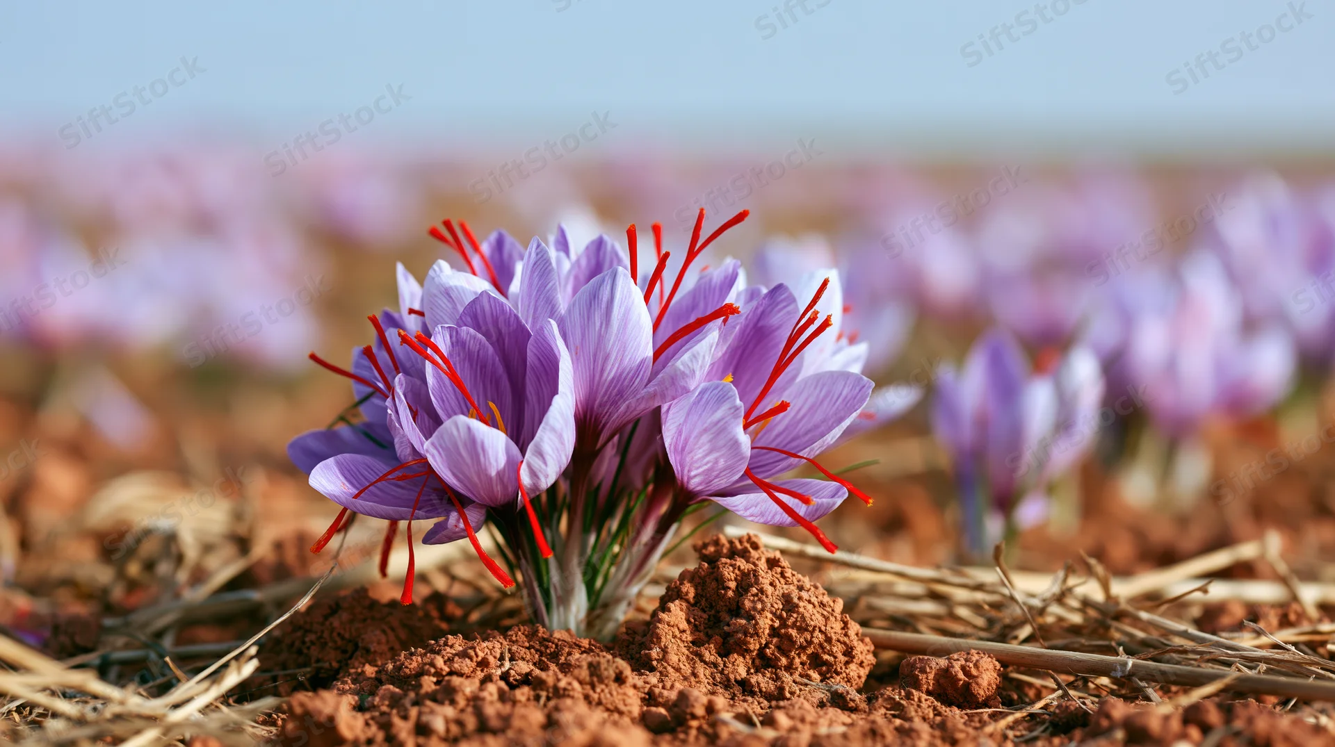 Saffron crocus flowers blooming in a dry field with purple petals and red stamens emerging from soil