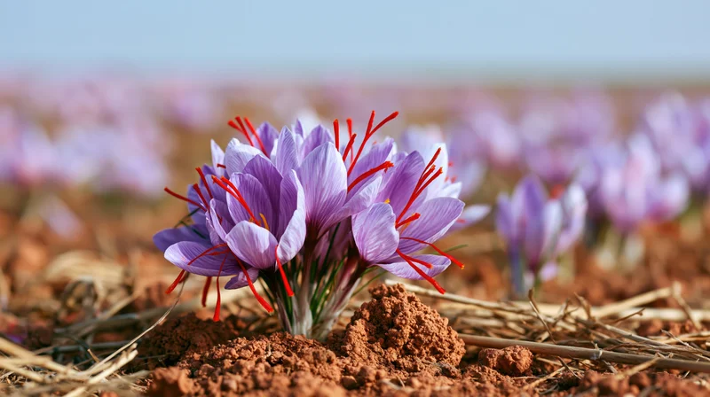 Saffron crocus flowers blooming in a dry field with purple petals and red stamens emerging from soil