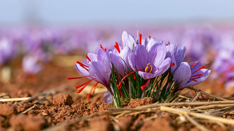 Saffron crocus flowers blooming in a dry field with purple petals and red stamens emerging from soil