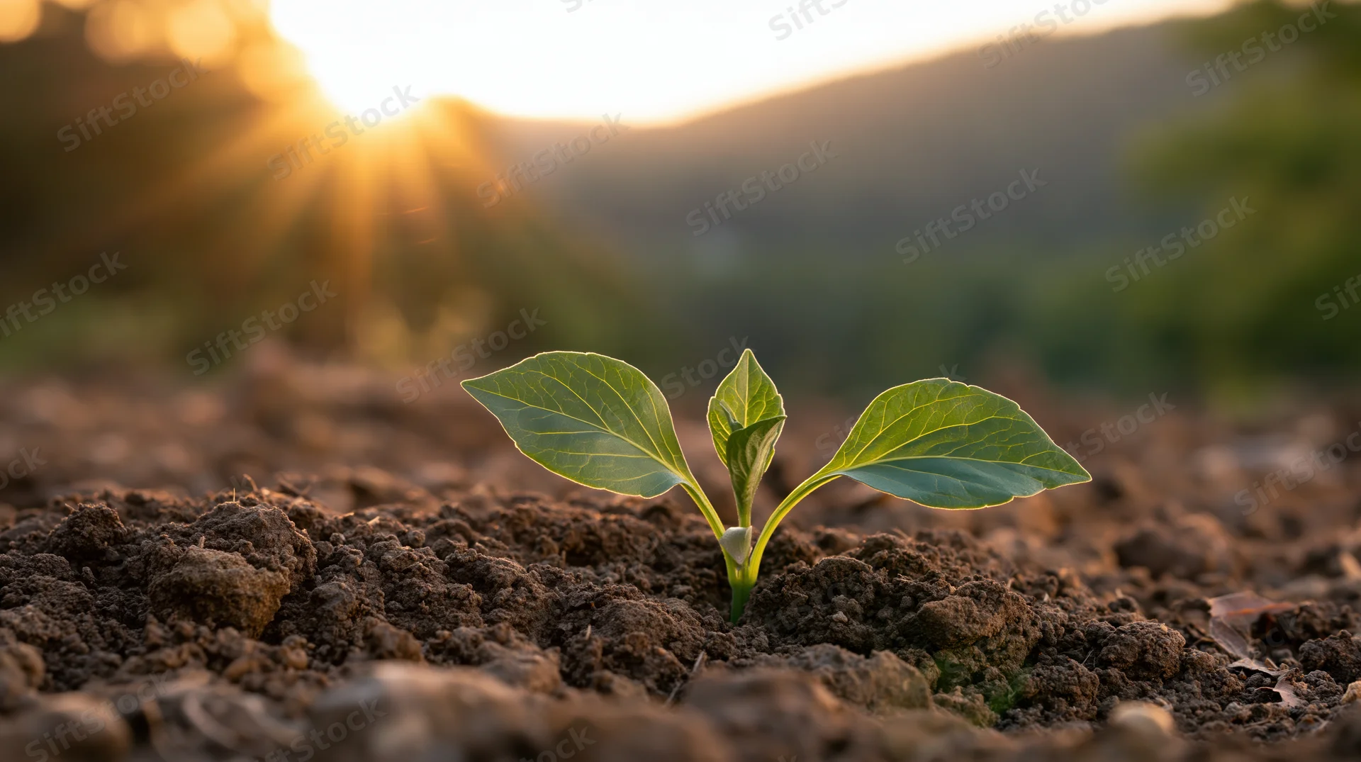 Small green seedling sprouting from soil at sunrise in a mountain landscape