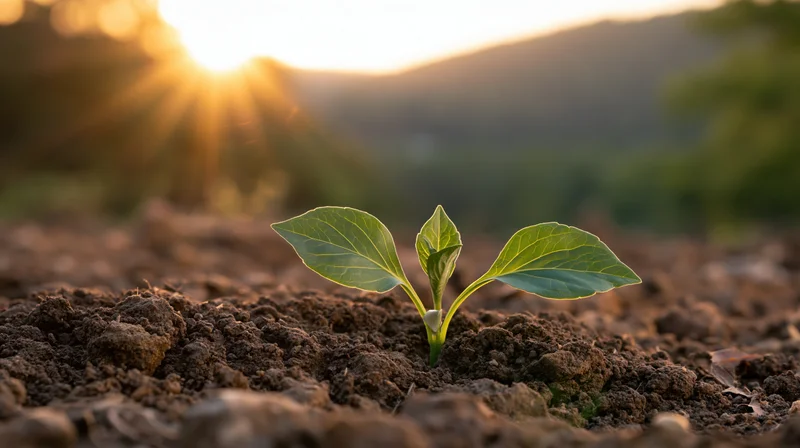 Small green seedling sprouting from soil at sunrise in a mountain landscape