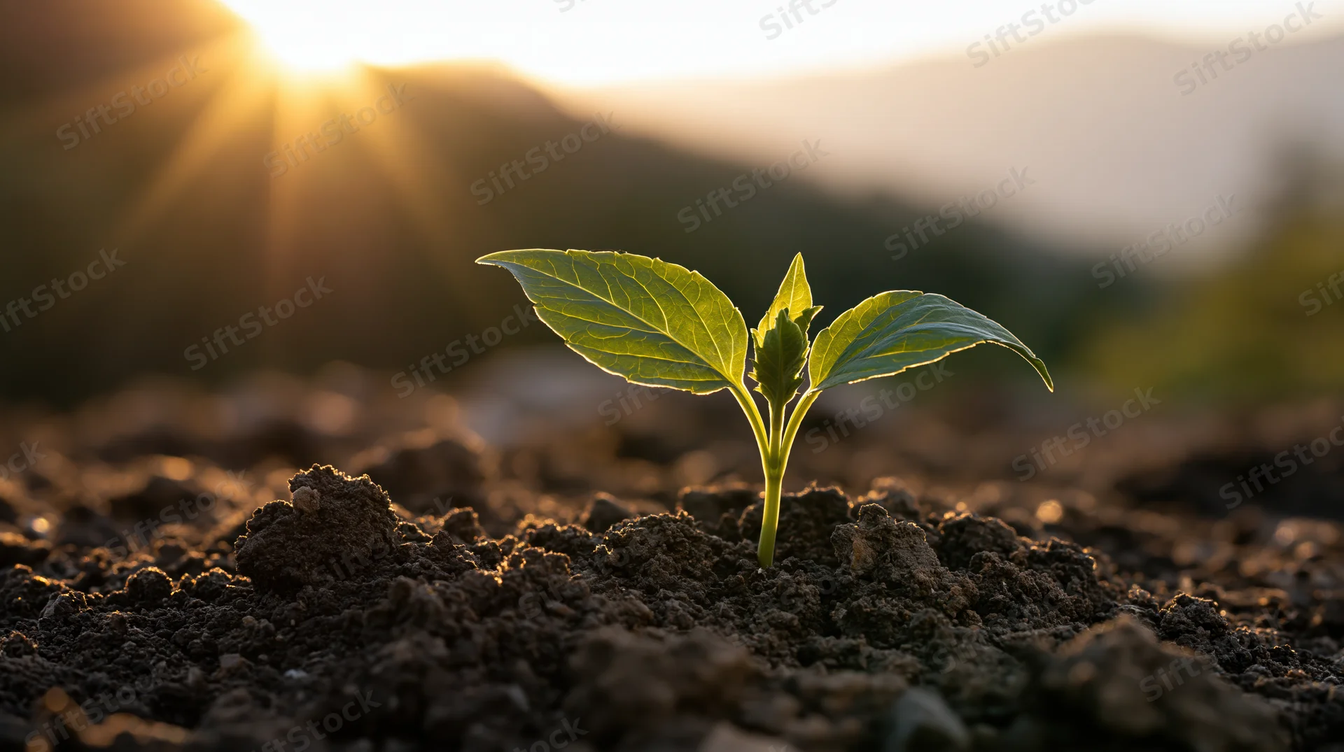 Small green seedling sprouting from dark soil with sun rising behind distant hills