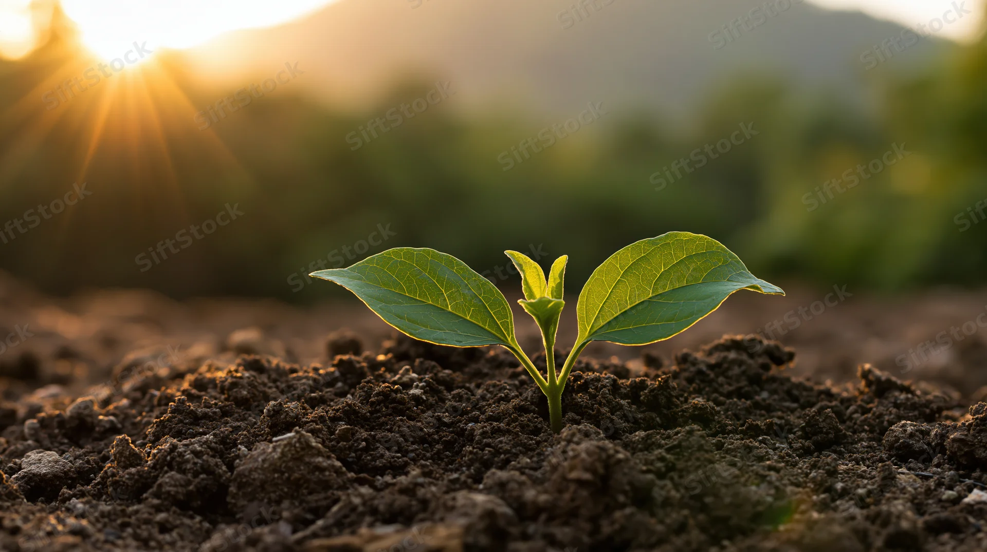 Small green seedling sprouting from dark soil with sunrise in background