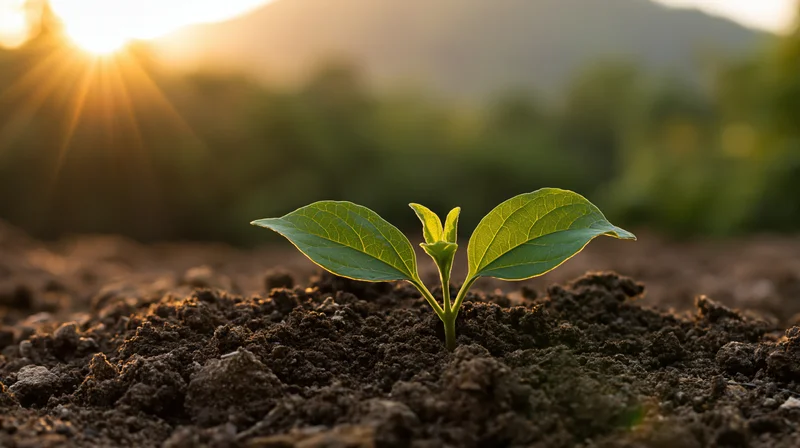 Small green seedling sprouting from dark soil with sunrise in background