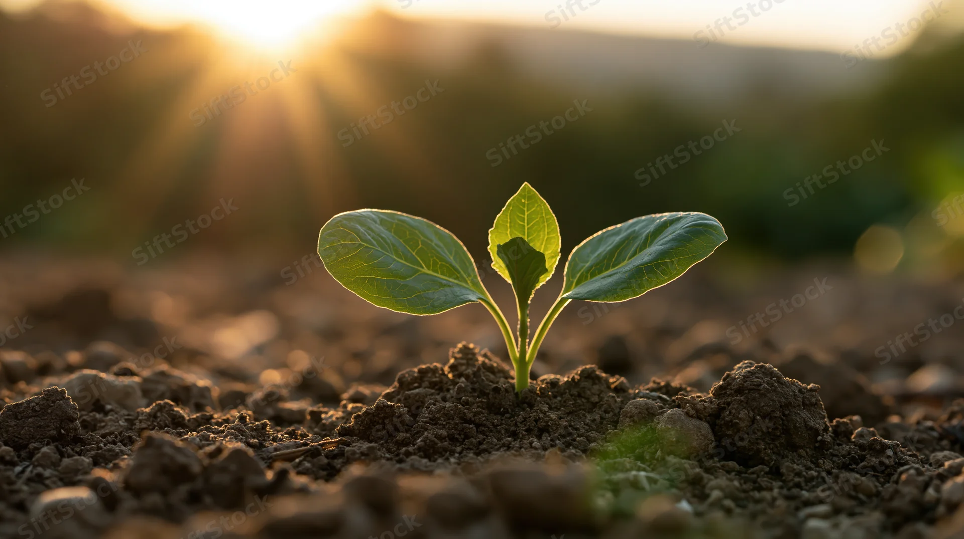 Small green seedling emerging from soil at sunrise in a rural field