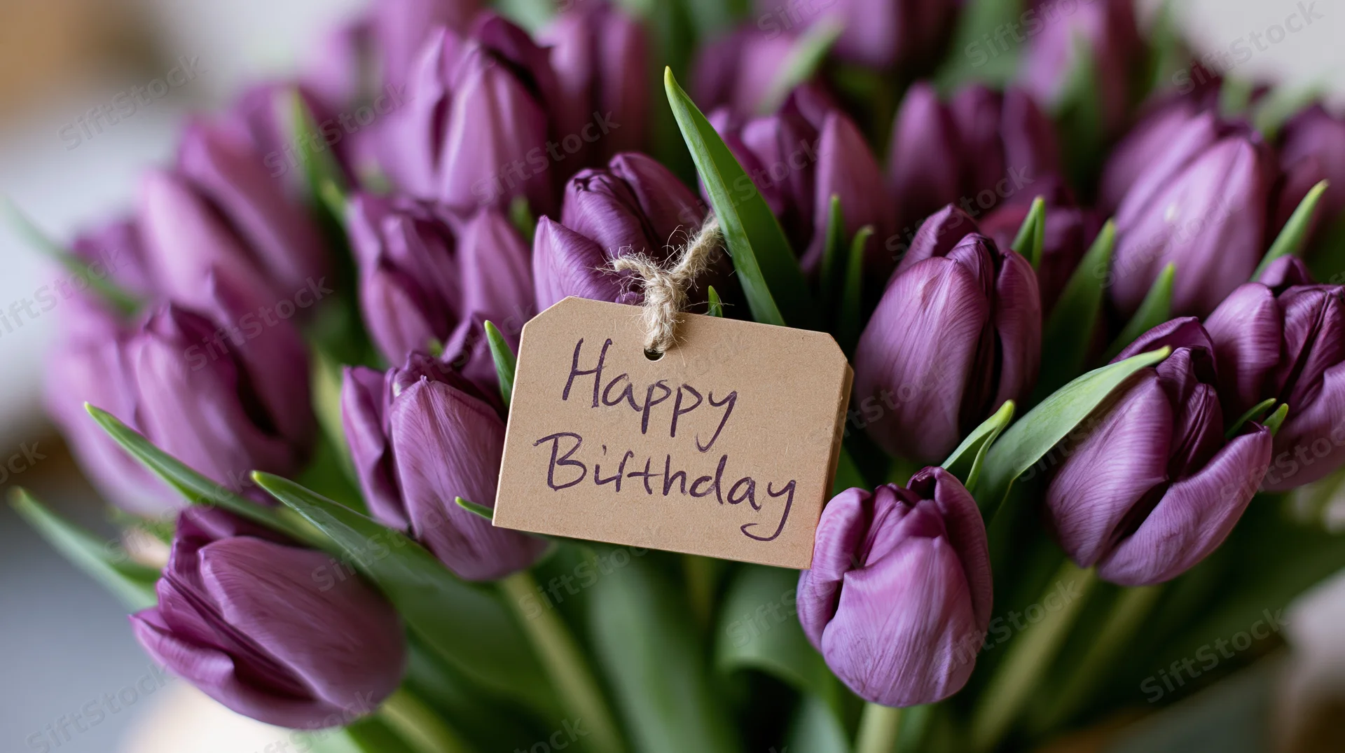 Purple tulips in a bouquet with a handwritten happy birthday tag attached