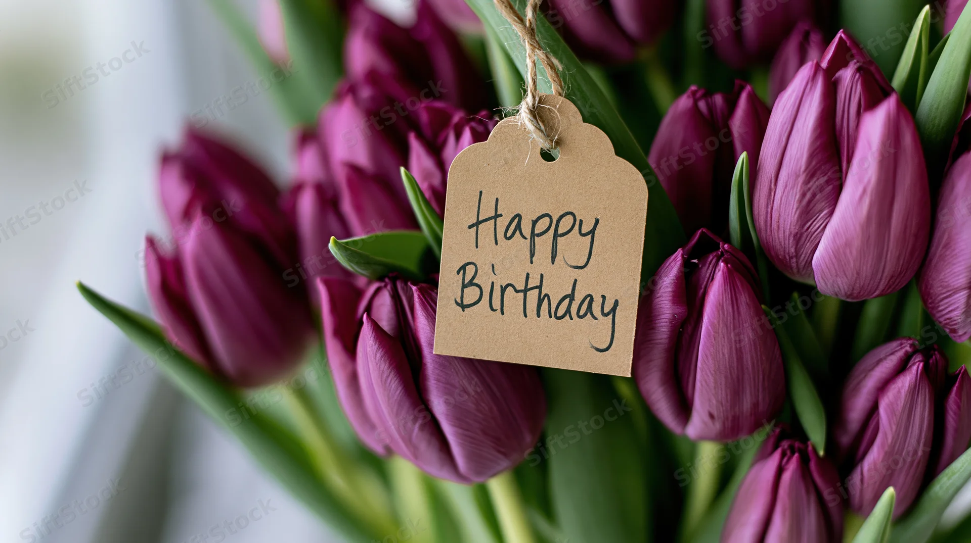A bouquet of purple tulips with a handwritten happy birthday tag tied to the stems