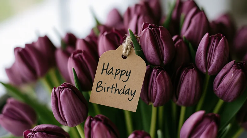 Purple tulips in a bouquet with a kraft paper tag reading happy birthday attached to the stems