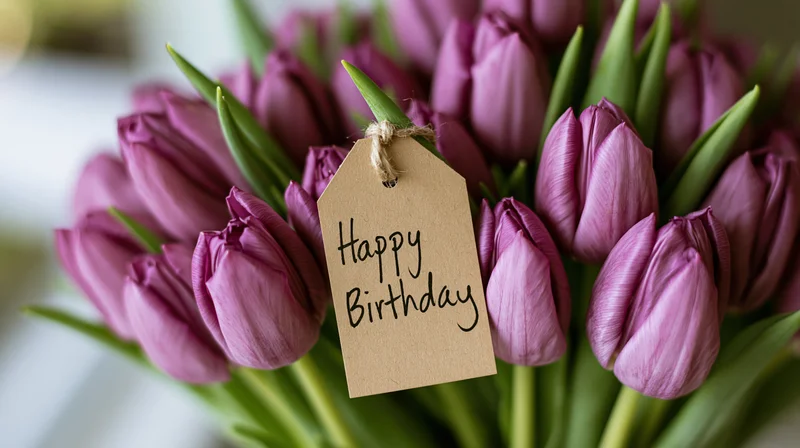 A bouquet of purple tulips with a kraft paper tag reading happy birthday tied to the stems
