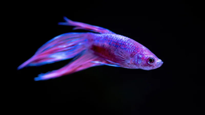 Betta fish swimming with flowing fins against black background