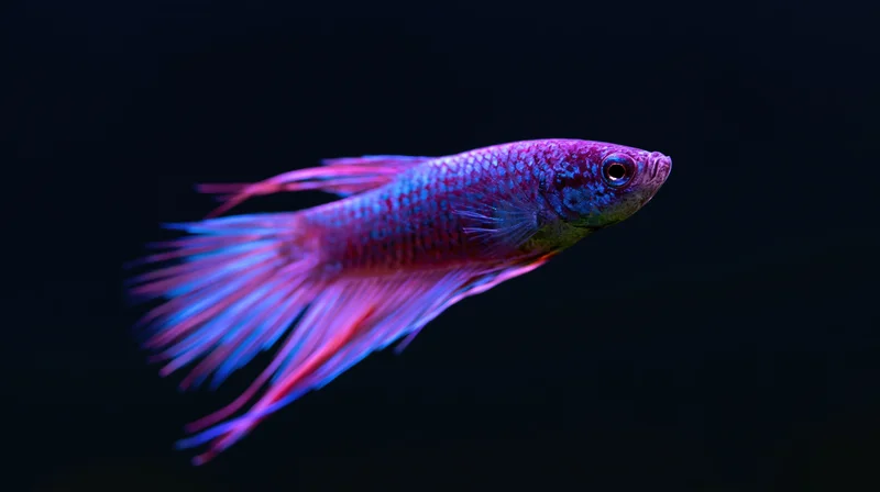 Betta fish swimming with flowing fins against dark background