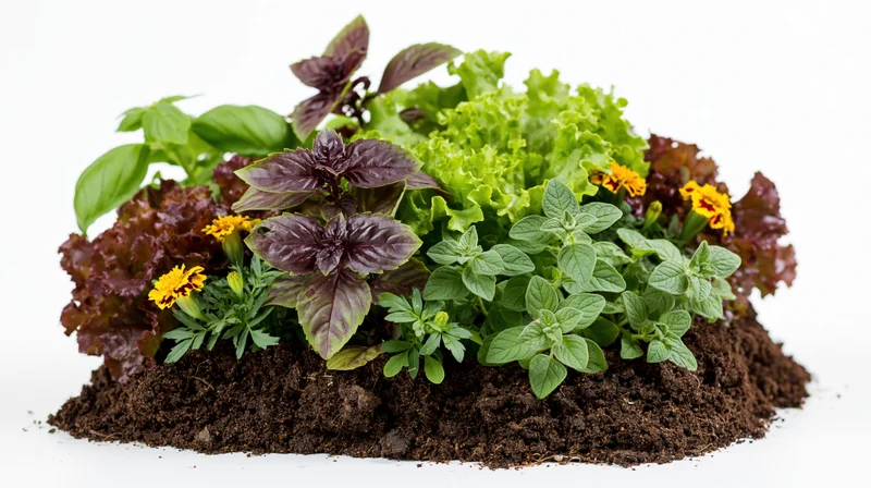 A small raised garden bed filled with mixed herbs and leafy greens growing in soil against a white background